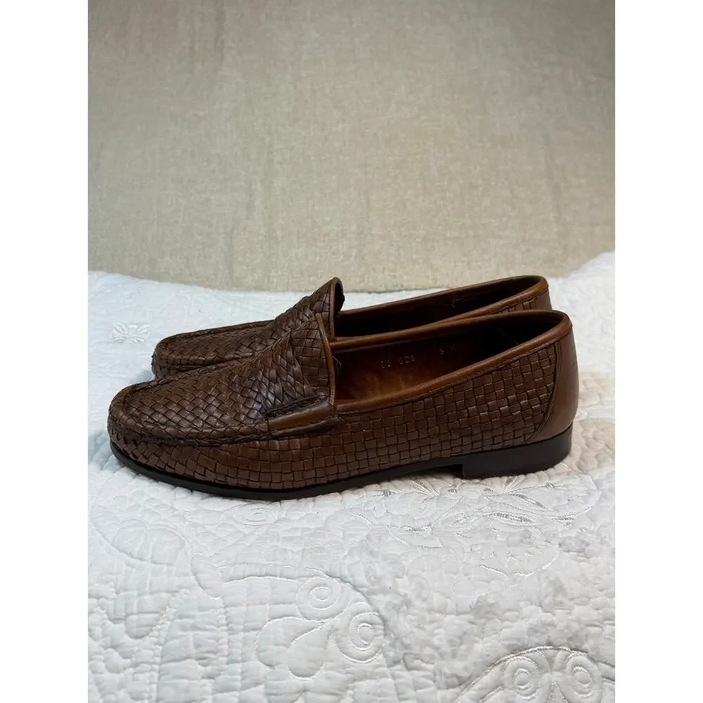 Bruno Magli Mens 9M Brown Basketweave Leather Slip On Dress Loafers Shoes Casual